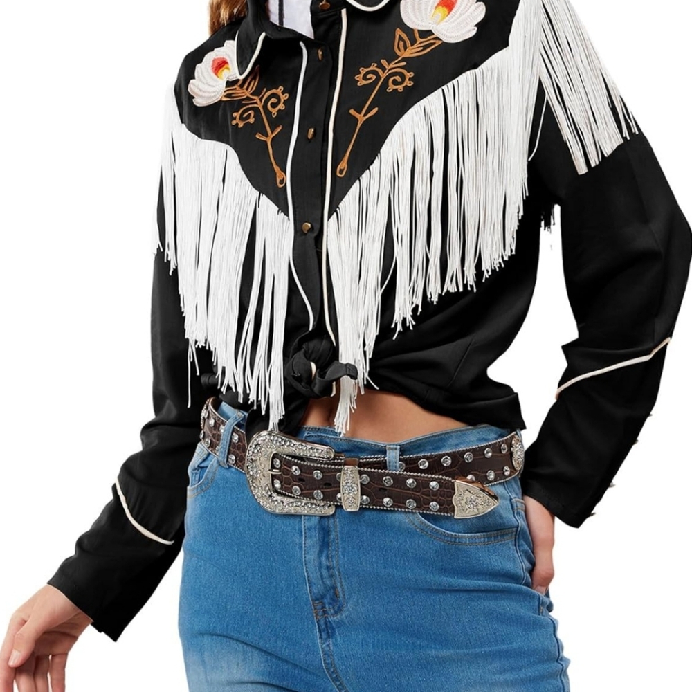 Women's Floral Embroidered Fringe Western Shirt Cowgirl Tops